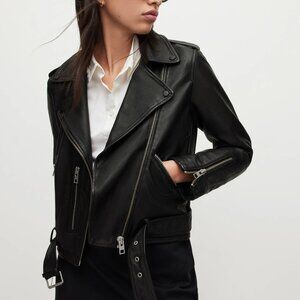 AllSaints Black Balfern Leather Biker Jacket, Size US 4